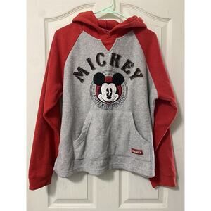 Vintage Mickey Mouse Athletics Disney Long Sleeve Fleece Hoodie Medium Gray Red